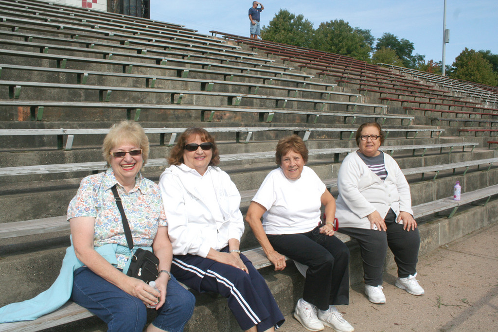 TAKING A BREAK: Catching their breath after a few laps are Fran Mancini, Rose Parrillo, Barbara Calitri and Susie Tashian. The women are all participants in the Cranston Senior Center's Walk with Ease Program, run by the Arthritis Foundation.