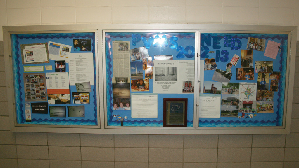 SHOWCASE OF ACCOMPLISHMENTS: There is a special display case in the main hallway at Park View that showcases all of the work and special events that the NEED students have participated in.