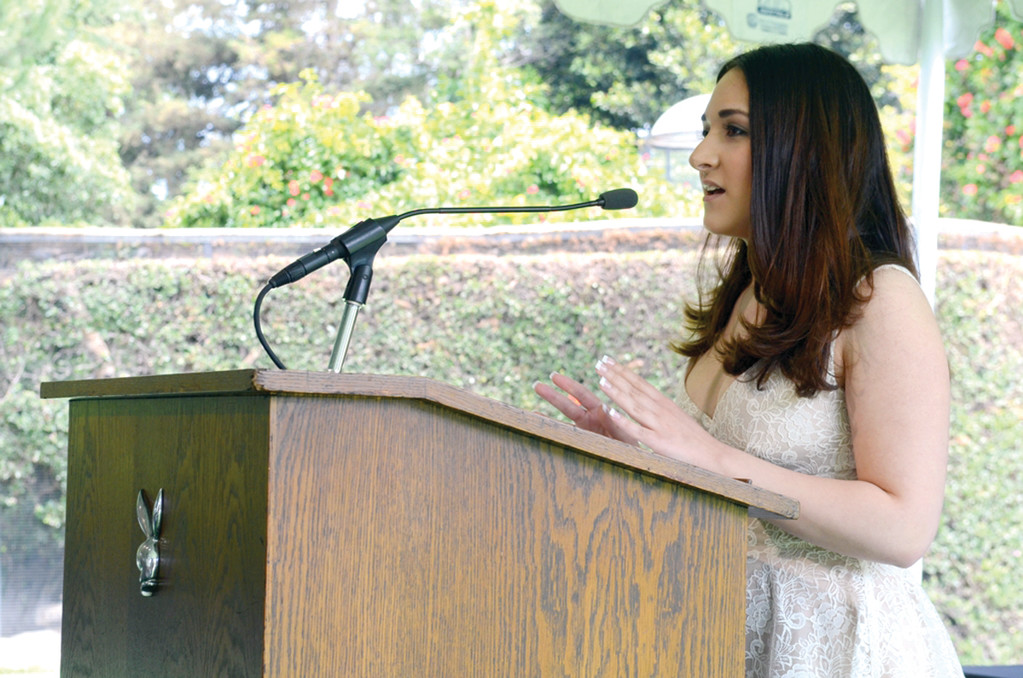 SHARING HER STORY: Jessica Ahlquist makes remarks after receiving the Hugh M. Hefner First Amendment Award.