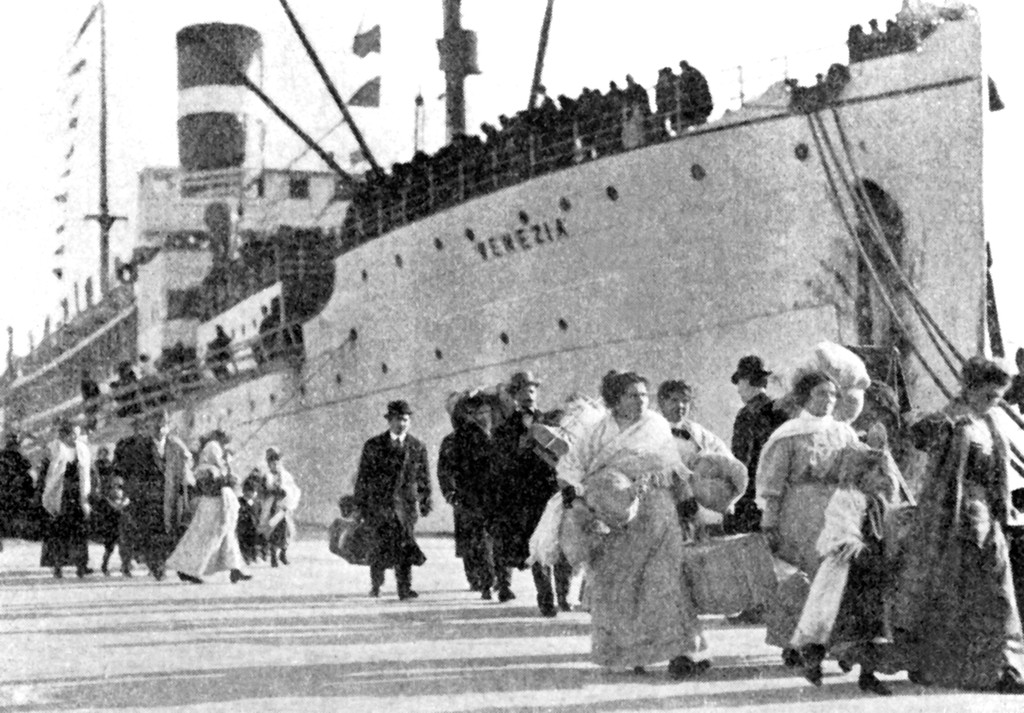 This is the most famous and reproduced photo of the Fabre Line and its immigrant arrivals. Here, they leave the Venezia clothed in their traditional southern European garb on this brisk mid-December day in 1913