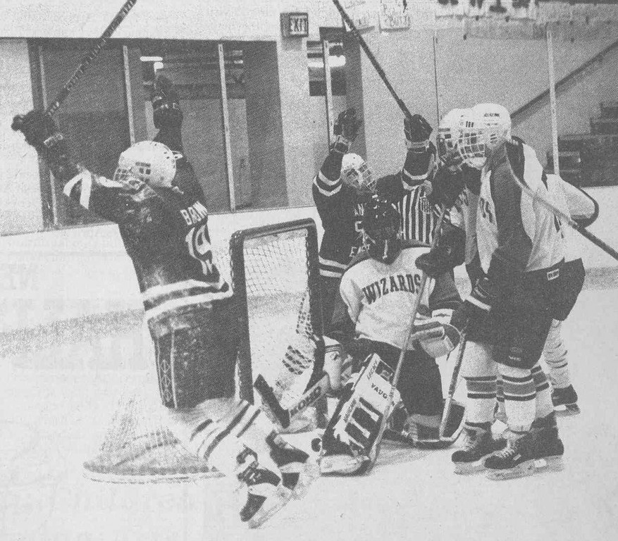 CELEBRATION: Cranston East celebrates the game-winning goal in the 1994 Met C championship. East won three Met C titles after its dominance years before in the state’s top league.