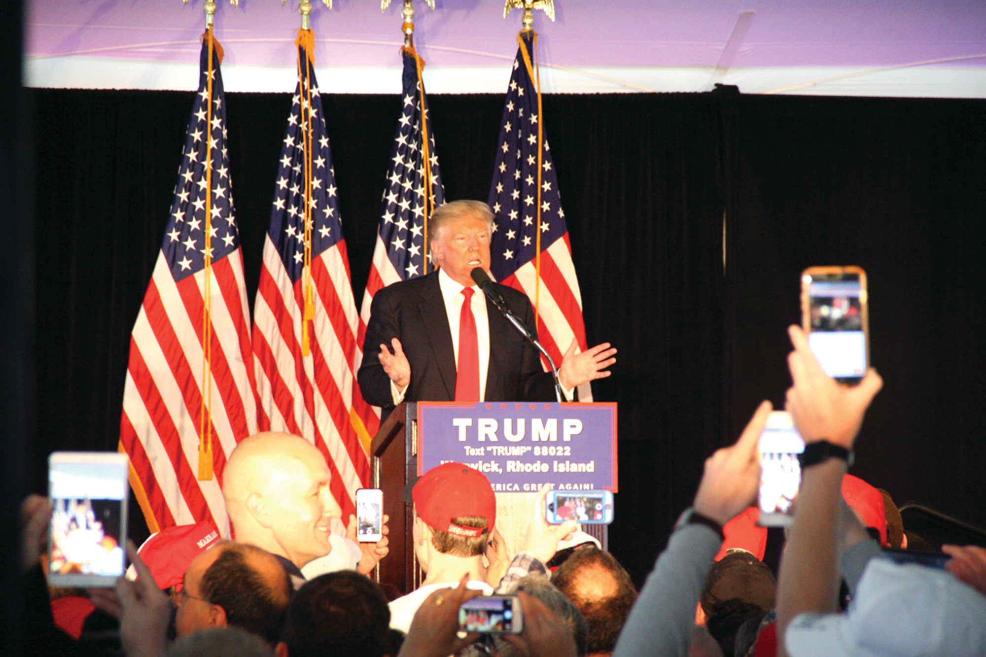 BOSS’ APPEAL: In this file photo, Donald Trump speaks to supporters during an April 2016 campaign stop in Warwick.
The authors of “Trump’s Democrats” believe Trump’s appeal in communities like Johnston may be tied to the
tradition of machine politics, led by a “boss” at the top.