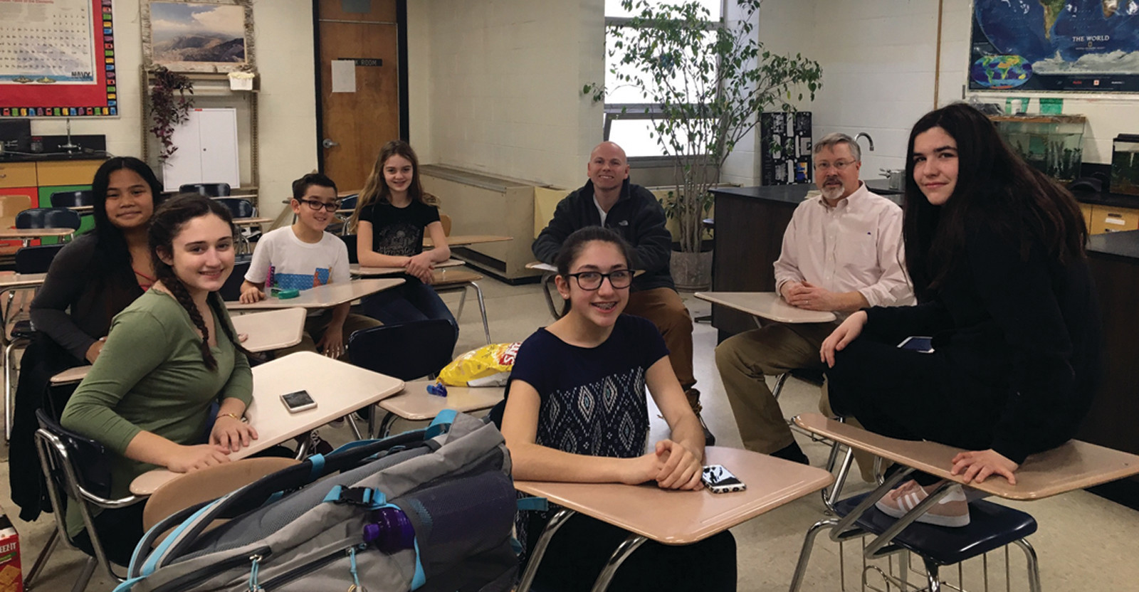 A HARD-WORKING GROUP: The Greenhouse Effect team consists of students Elizabeth Cowart, Julia Deal, Eric Garcia, Ava Kavanagh, Leah Phann and Jordan Simpson, and they work under the supervision of STEM Club faculty advisors Michael Blackburn and John Worthington.