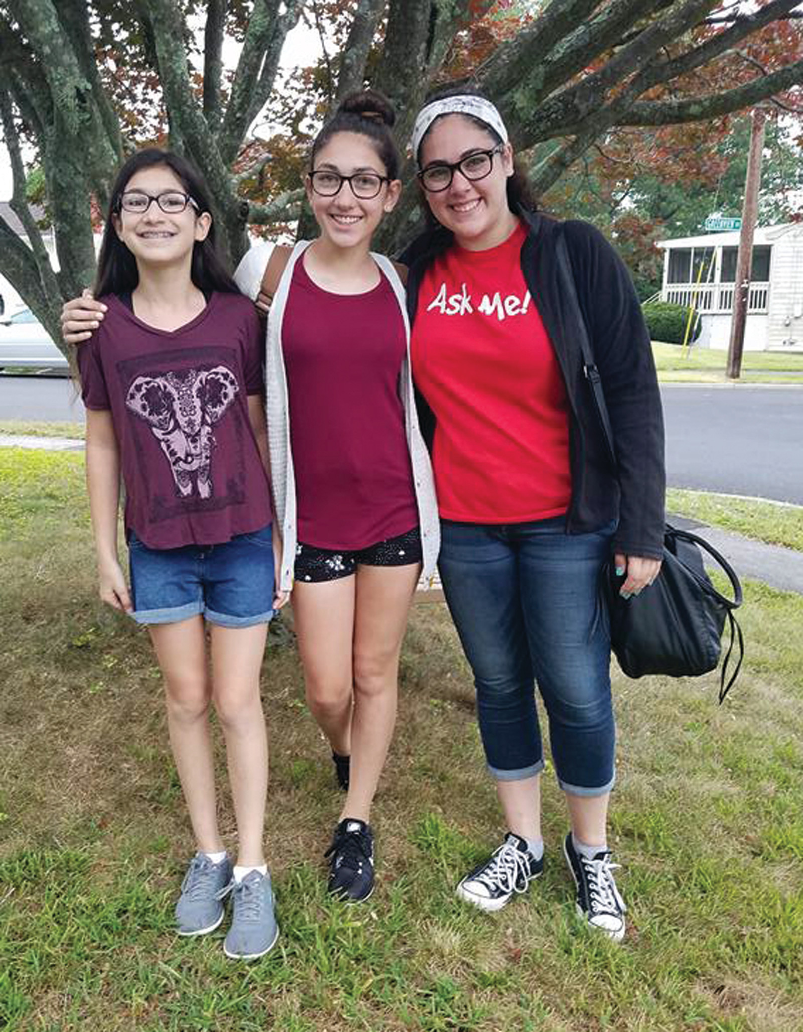 OUR LAST FIRST DAY OF SCHOOL ALL TOGETHER: Our three daughters, Caroline, Elizabeth and Alexandra, grades 7, 9 and 12, posed together on Tuesday morning for our annual first day of school picture. It would be the last one of its kind.