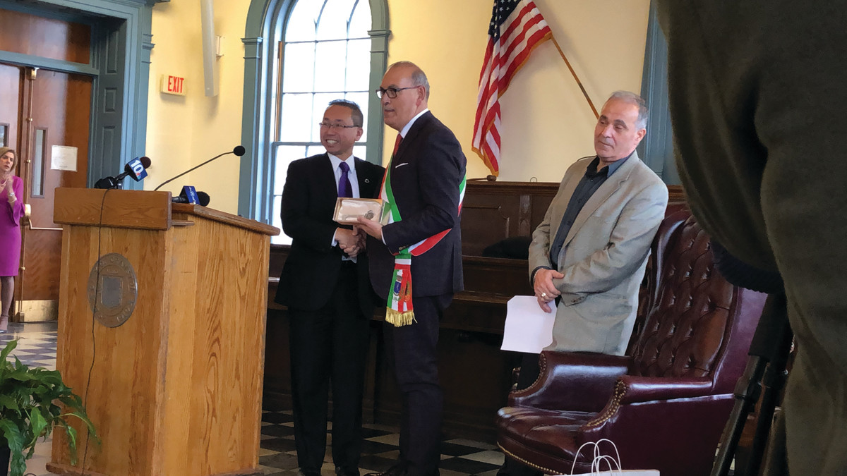 KEY TO THE CITY: Cranston Mayor, Allan Fung bestows the key to the city to Itri Mayor; Antonio Fargiorgio on Monday, November 26 at Cranston City Hall. 2.