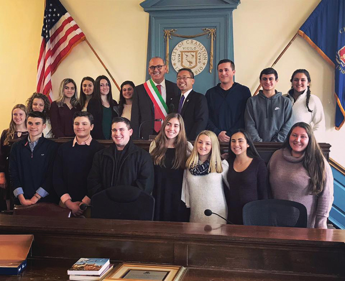 DID SOMEONE SAY FIELD TRIP? Students from Cranston High Schools East and West pose with Mayor Fung and Mayor Fargiorgio in City Hall.