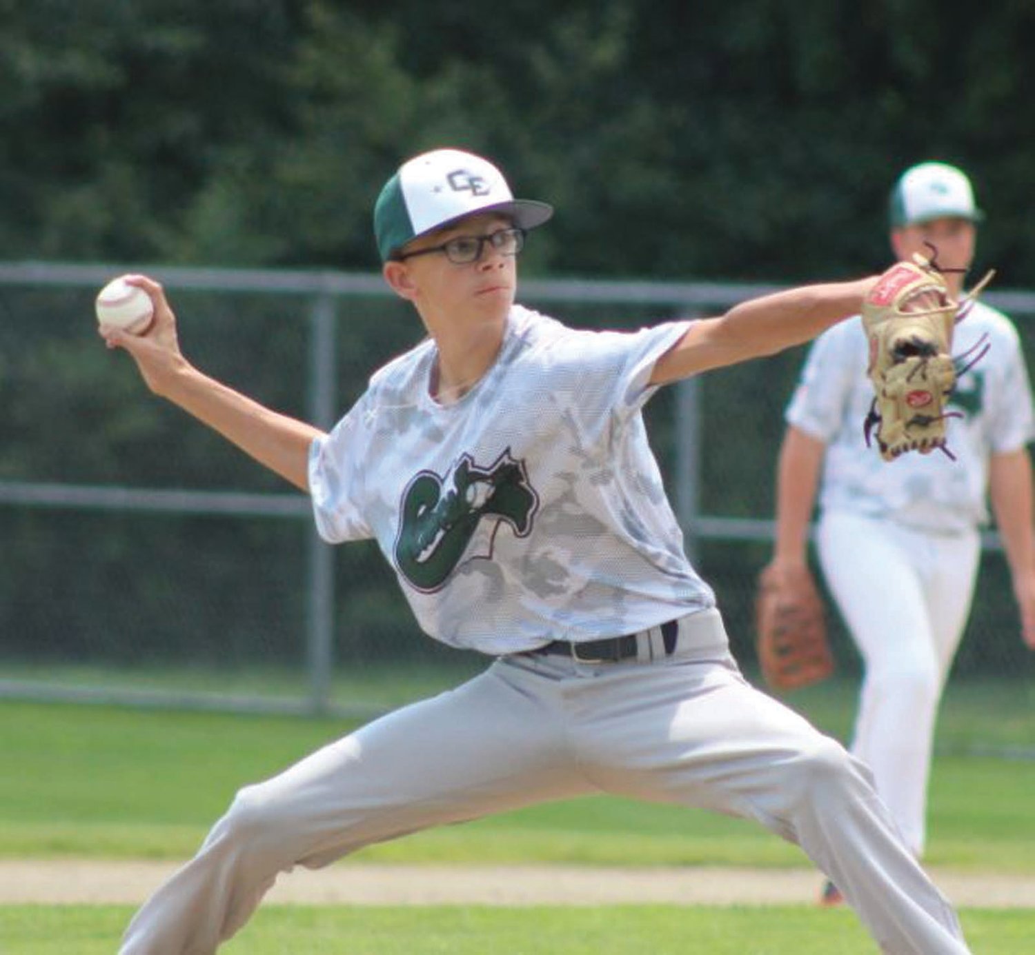 ACE: Cranston East starting pitcher Cameron Boulanger winds up to deliver last week against Barrington. Boulanger has been the East juniors’ top hurler this summer as the club battles its way through the state tournament after winning the district title.