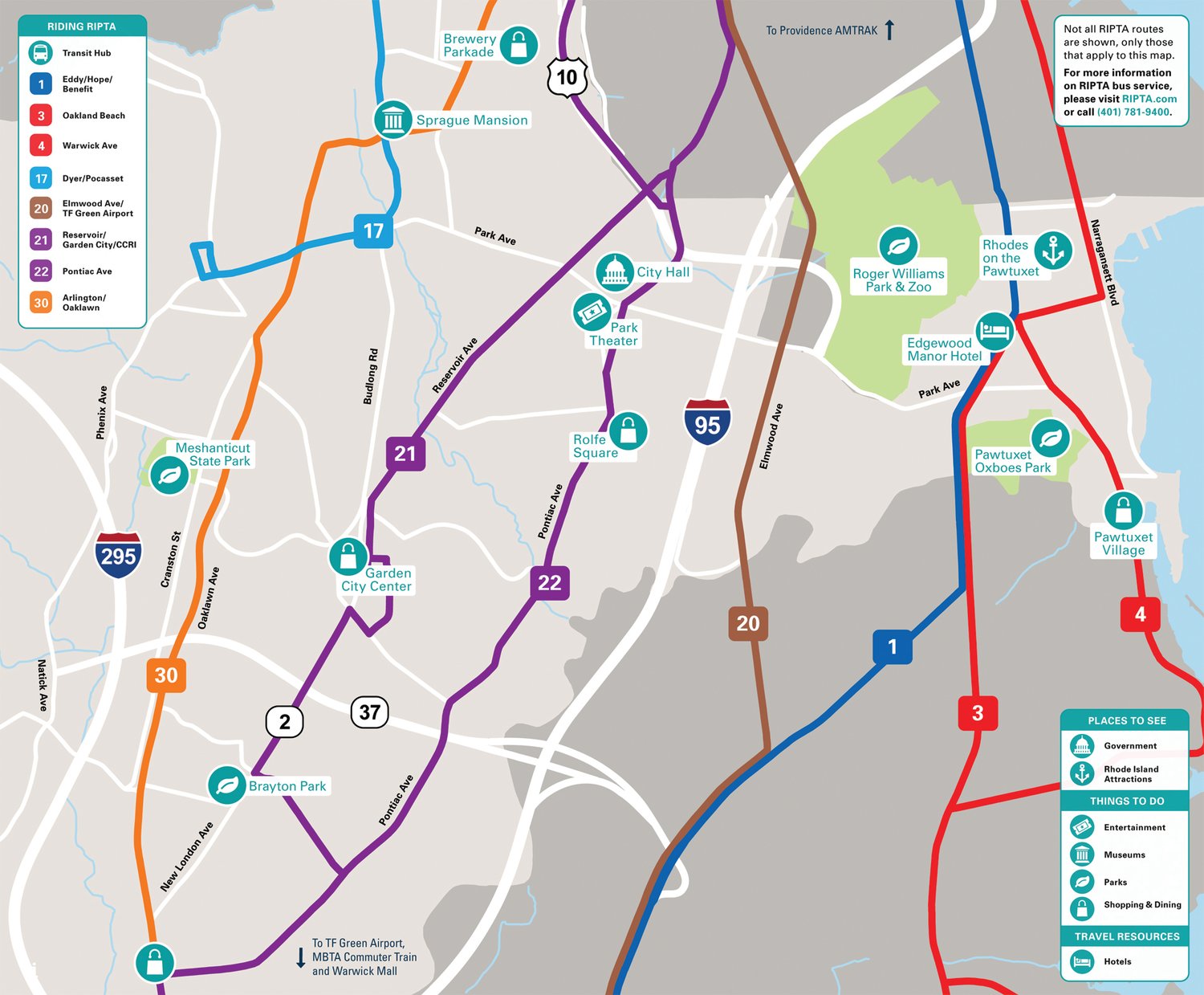NORTH TO SOUTH: RIPTA has eight different bus routes that travel north
and south through Cranston. One of the Transit Forward 2040 recommendations
is to add an east to west crosstown service along Park Avenue.