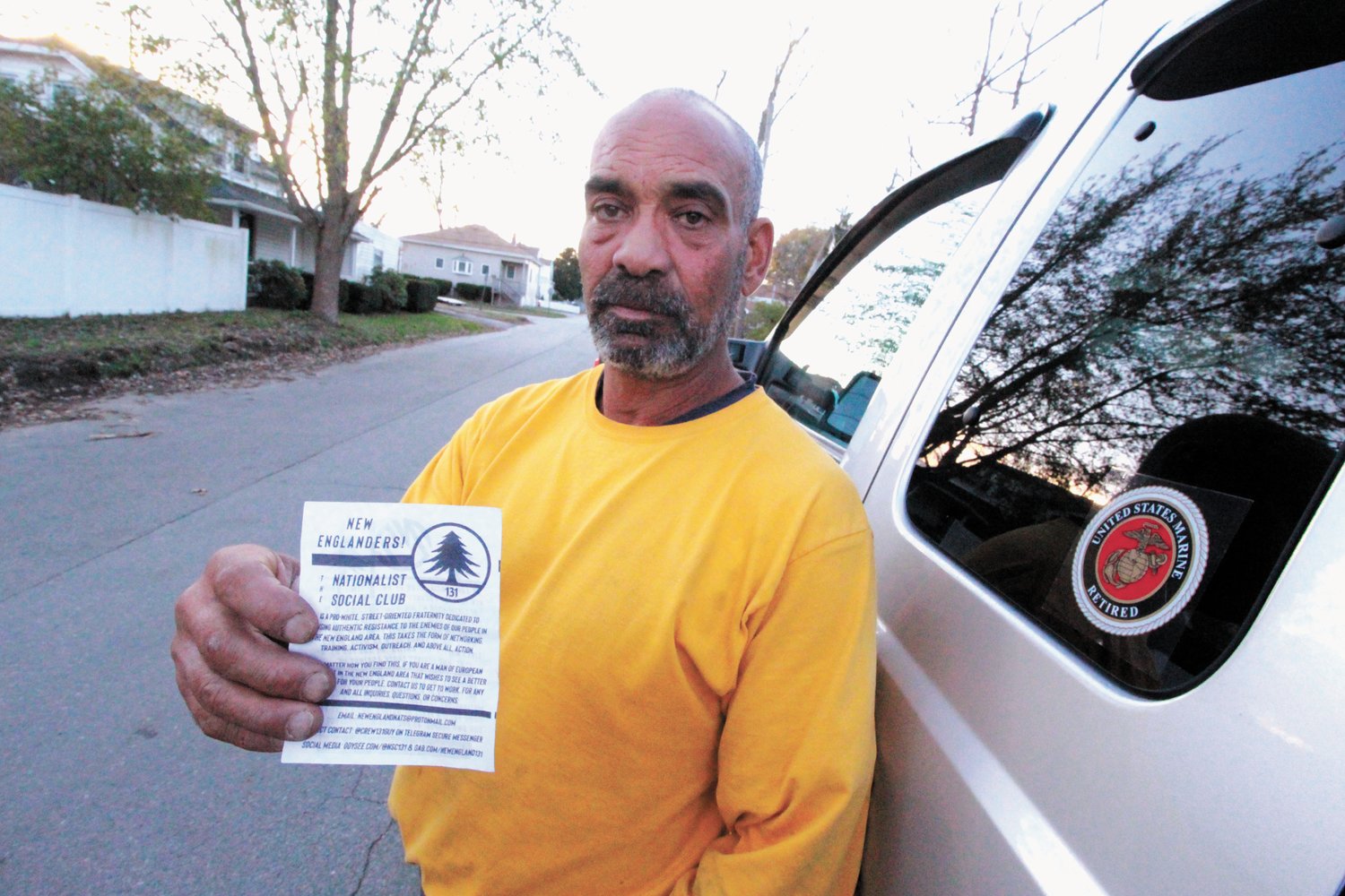 AN UNEASY FEELING: Jody King holds up one of an estimated 100 flyers that were broadcast on the street where he has lived in Oakland Beach for decades.