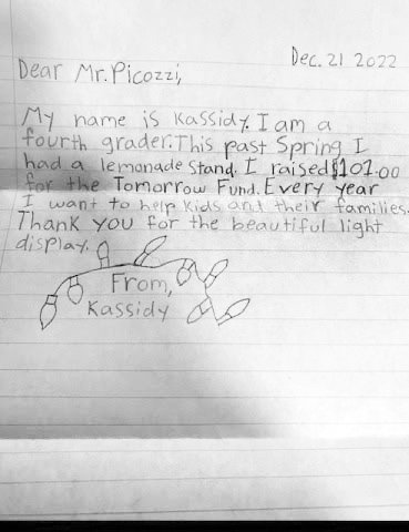 The letter that Kassidy Underwood left in the donation box at Mayor Picozzi’s holiday light display.