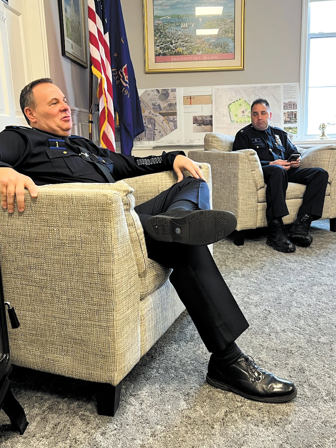 LAYING OUT THE FACTS: Police Chief Col. Michael J. Winquist and Major Todd Patalano sit down to discuss the numerous steps the department has taken to reduce the levels of noise from the gun range. (Photo courtesy of Cranston Chief of Staff Anthony Moretti)