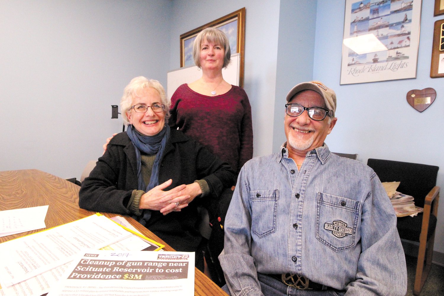 CONCERNED BY GUNFIRE: Martha Dimeo, seated and Pat and Alfred Schoeninger have raised concerns over the mental and physical impacts of the noise of gunfire from the Cranston Police Academy Complex on Phenix Avenue across from Cranston West. (Cranston Herald photo)