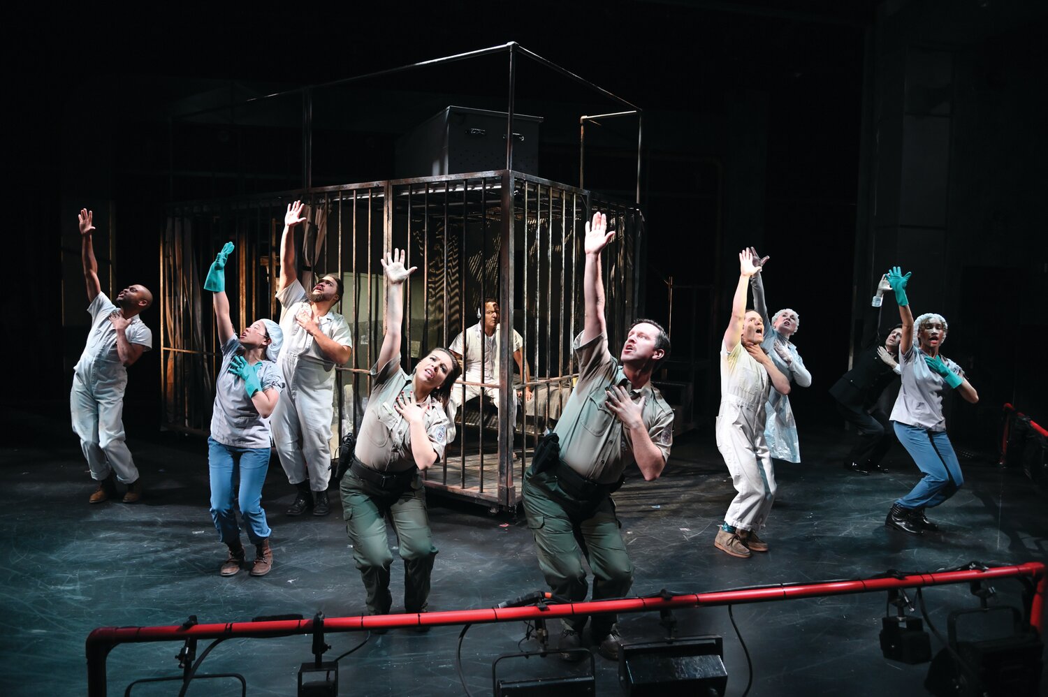 The cast of Sweeney Todd: The Demon Barber of Fleet Street. Music and Lyrics by Stephen Sondheim; Book by Hugh Wheeler; Directed by Curt Columbus; Music Direction by Andrew Smithson; Orchestrations by Peter Leigh-Nilsen, Choreography by Sharon Jenkins; Fight Choreography by Mark A. Rose; Set Design by Eugene Lee and Patrick Lynch; Costume Design by Shahrzad Mazaheri; Lighting Design by Dawn Chiang; Sound Design by Peter Sasha Hurowitz.